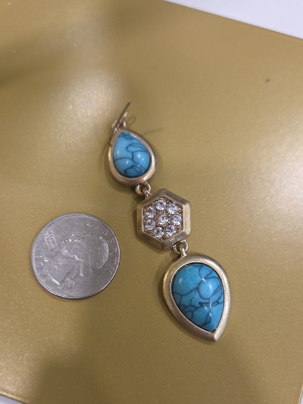 Gold Plated Turquoise Drop Earrings - Blue Teardrop Dangles - Picture 3 of 3